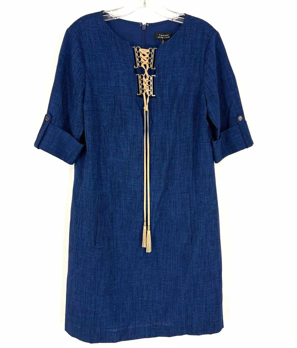 Tahari ASL Size 6 Navy/Beige Lace-Up Textured Dresses Dress